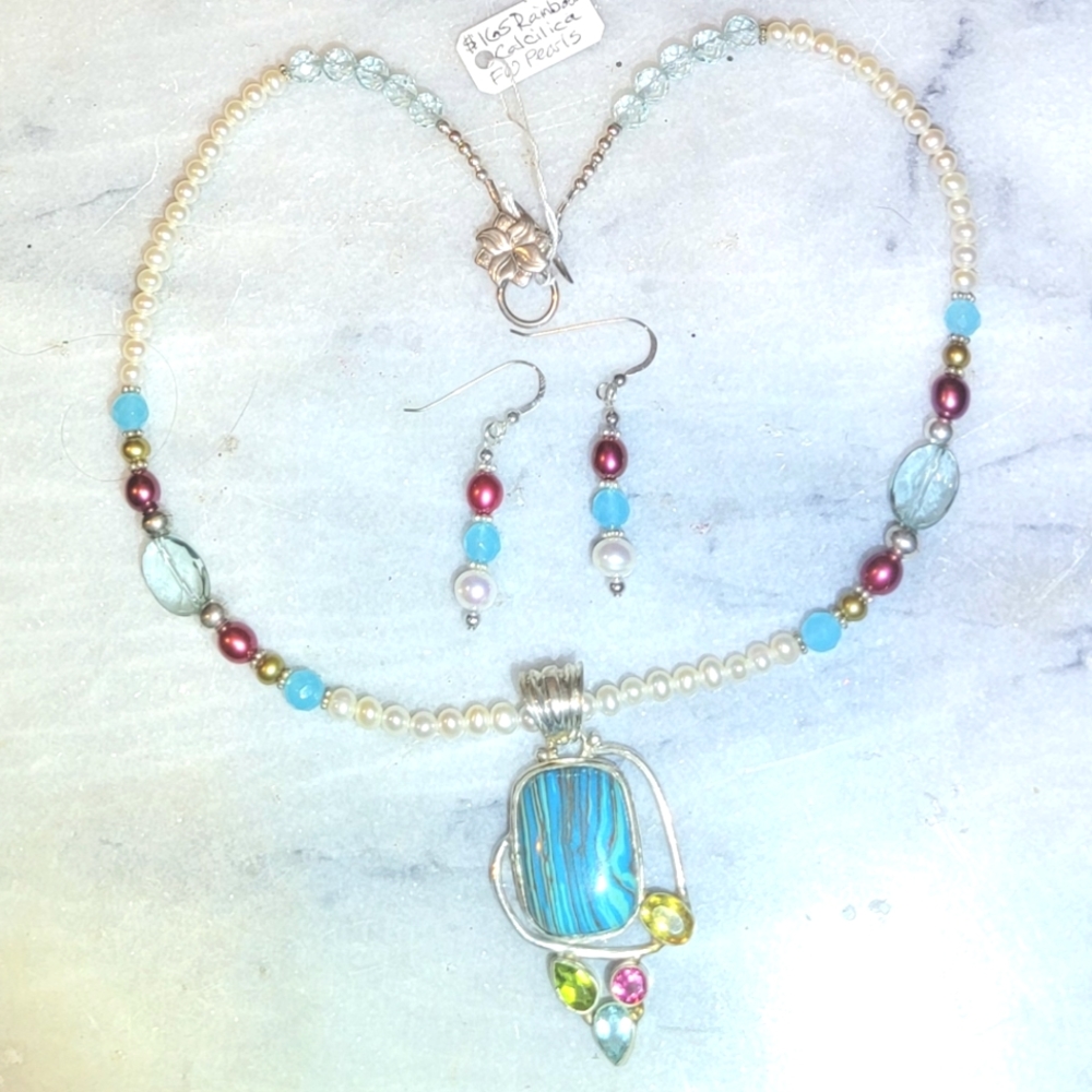 Artisan Pearl Rainbow Calsilica Topaz Tourmaline Sterling Necklace 18" E…